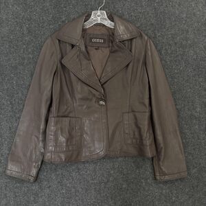 Guess Leather Jacket Women's Large Brown Lamb Leather Blazer One Button Pockets